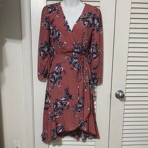 Charles Henry Pink Wrap Dress Asymmetrical Ruffled 3/4 Sleeve